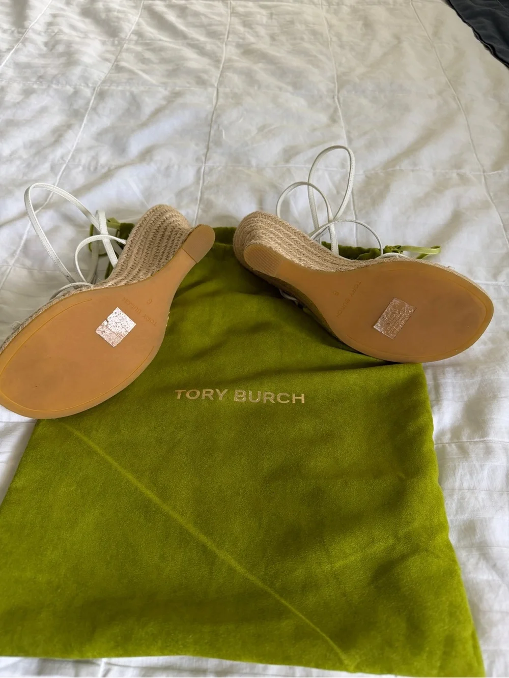 Tory Burch White Leather Strappy Sandals with Gold Logo Accent